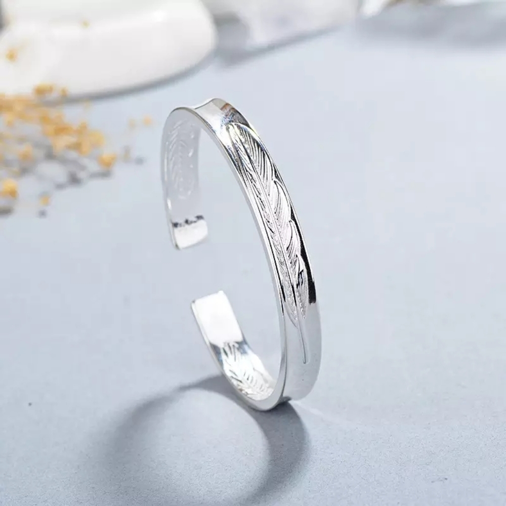 NEW Unisex 999 Silver Etched Feather Cuff Angel Cuff Adjustable Bracelet - Picture 6 of 14